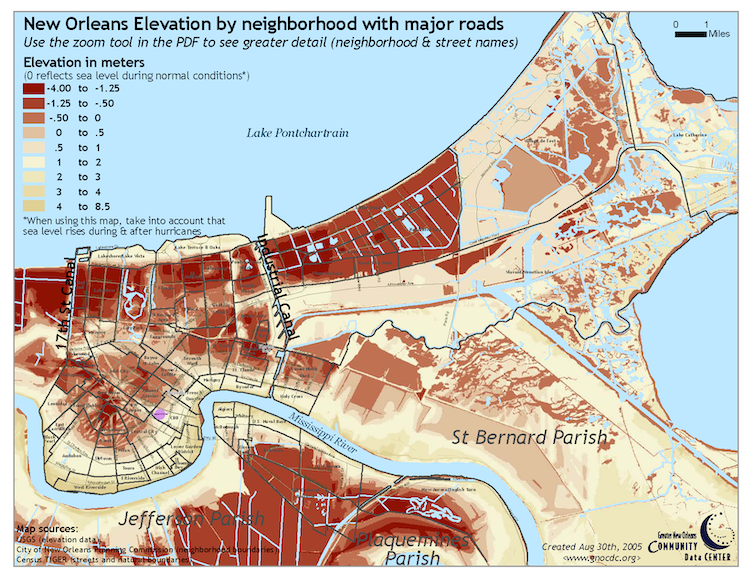 Mapa de Nueva Orleans con áreas sombreadas bajo el nivel del mar.