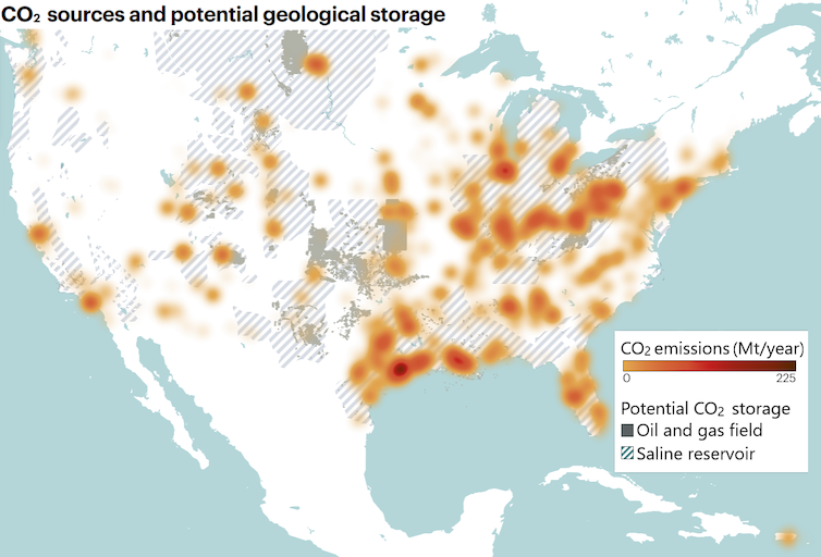Mapa de EE. UU. que muestra áreas sombreadas con almacenamiento geológico potencial principalmente en las Grandes Llanuras y Pensilvania y Ohio, pero las mayores emisiones de dióxido de carbono de las centrales eléctricas se encuentran en el sur y el este.