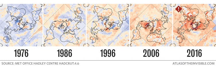 Visualización del aumento de las temperaturas globales entre 1976 y 2016, de Invisible Atlas.