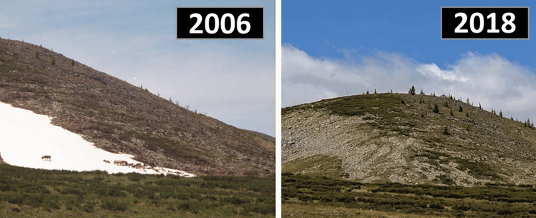 Reno en un trozo de hielo blanco en 2006, en marcado contraste con la misma ladera que estaba completamente libre de hielo en 2018