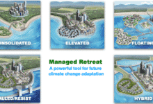 Ilustración de 5 pueblos costeros que muestran las diferentes formas en que se pueden combinar retiros de gestión y otras herramientas para adaptarse