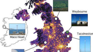 Mapa del Reino Unido que muestra la ubicación de las torres donde se tomaron muestras de aire