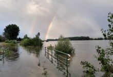 arco iris sobre tierra inundada