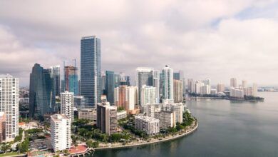 Vista aérea del centro de Miami que muestra paseos frente al mar, parques y piscinas