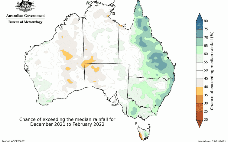 El mapa de Australia muestra un pronóstico de mayor precipitación para la costa este
