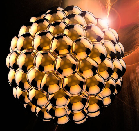 Ilustración que muestra nanopartículas de oro, átomos de oro agrupados para formar una esfera