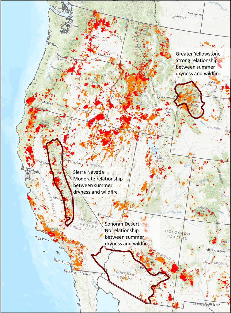 Un mapa de vista satelital que muestra el área del incendio con las ecorregiones de Yellowstone, Sierra Nevada y el desierto de Sonora marcadas