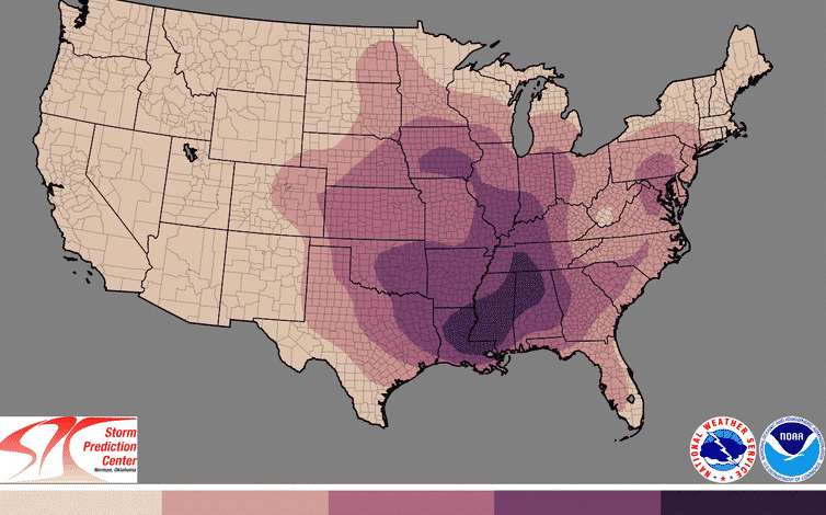 El mapa de EE. UU. muestra la mayor actividad de tornados desde Luisiana hasta Alabama y el norte hasta Tennessee.