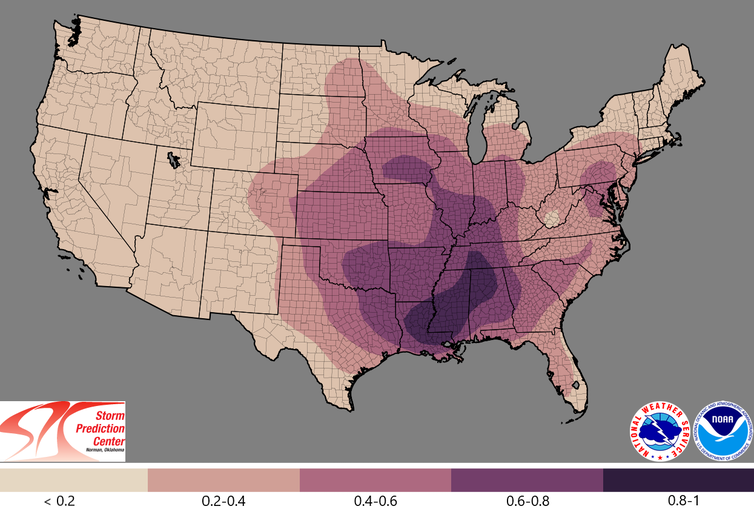 El mapa de EE. UU. muestra la mayor actividad de tornados desde Luisiana hasta Alabama y el norte hasta Tennessee.