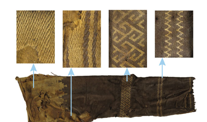 Imagen de pantalones antiguos que muestran diferentes patrones de tejido.
