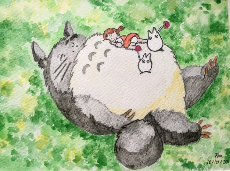 Dibujo de una gran criatura peluda y una niña jugando en el estómago