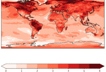 Un mapamundi rojo, con áreas más oscuras que indican mayores aumentos de temperatura (hasta 6 °C).