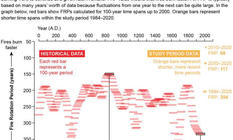 El gráfico muestra el período de rotación de incendios para intervalos de 100 años entre el 50 a. C. y el 2000, y el FRP basado en datos de 1984 a 2020.