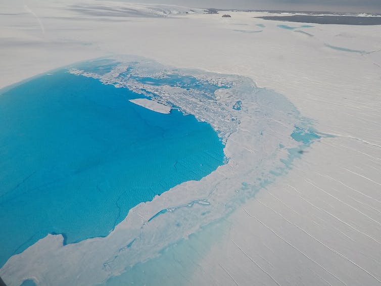 Lago azul brillante en plataforma de hielo