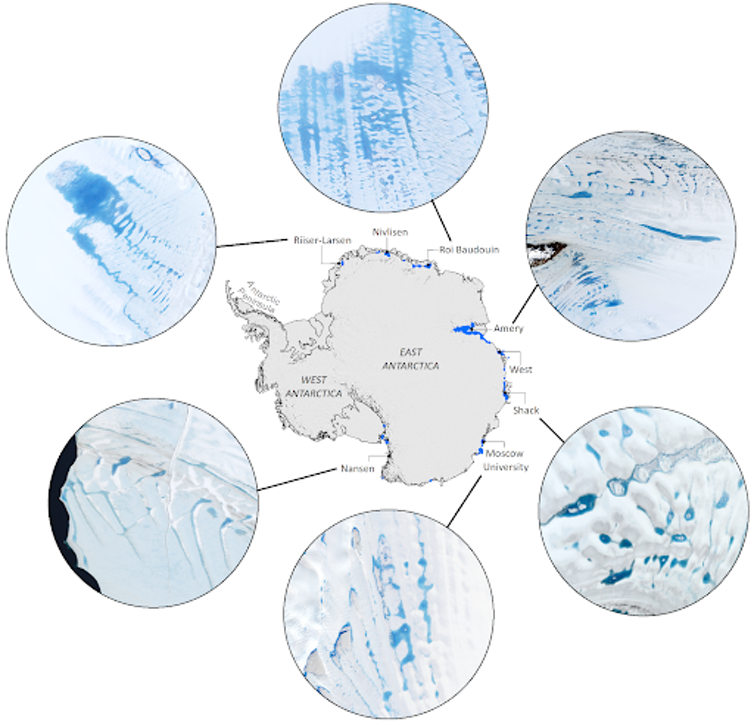 Un diagrama que muestra los principales lagos de la Antártida oriental