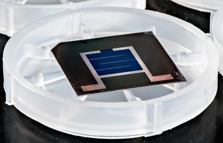 Pequeñas celdas solares cuadradas en un plato de plástico.