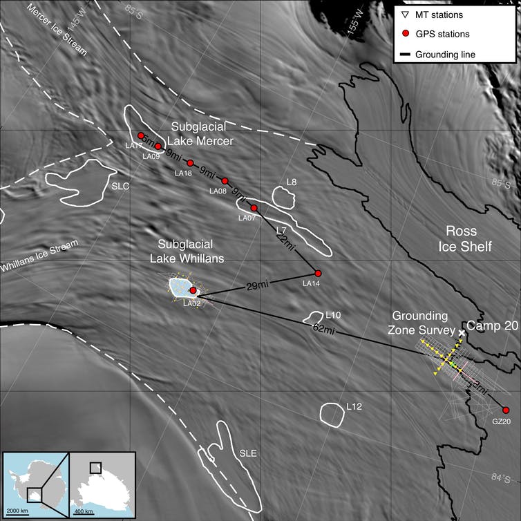 Mapa del sitio de investigación y mapa localizador de la Antártida.