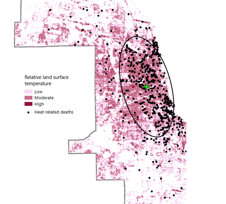 Mapa de Chicago que muestra cómo las muertes por calor se agruparon en el núcleo urbano durante la ola de calor de 1995.