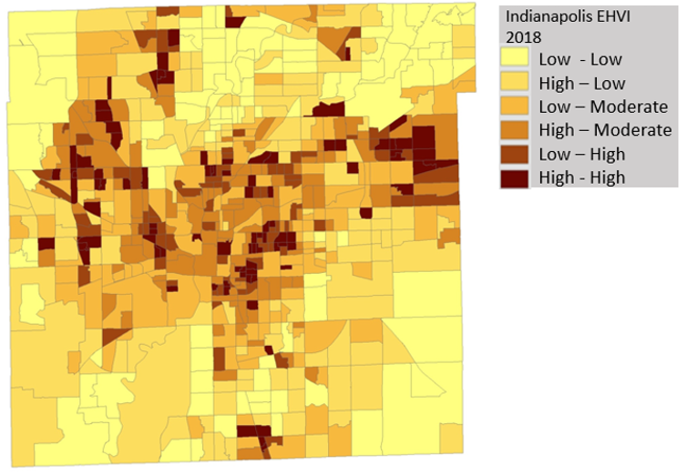 Mapa de Indianápolis que muestra cómo se identifica el riesgo mediante un índice de vulnerabilidad al calor creado por el autor.
