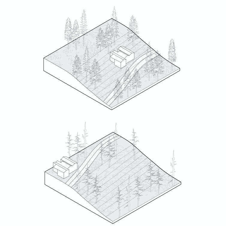 Ilustración de una casa apartada de una carretera en una ladera empinada