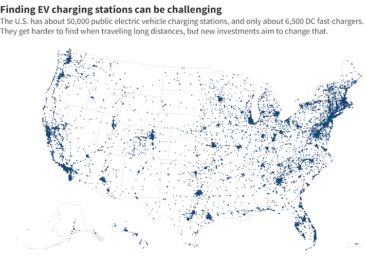 El mapa de las estaciones de carga de vehículos eléctricos de EE. UU. muestra un gran número en la costa noreste y oeste y en las ciudades de EE. UU., pero mucho menos en las regiones menos pobladas.