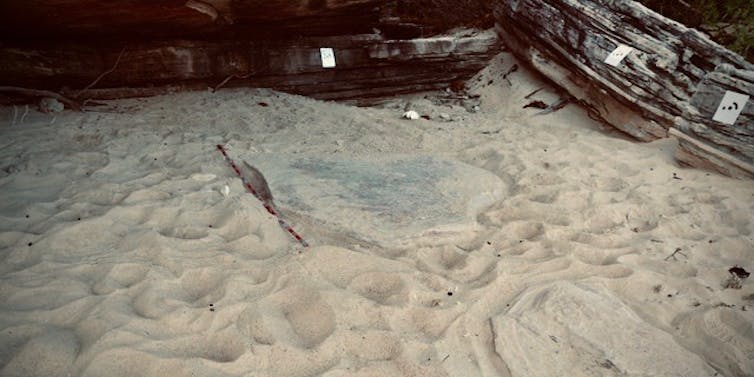 pieza plana de roca parcialmente enterrada en la arena