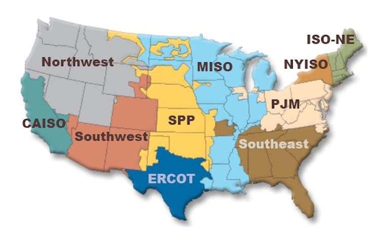 Mapa de EE. UU. que muestra MISO y otros operadores de redes eléctricas.