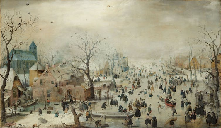 Una pintura al óleo que muestra un paisaje invernal con mucha gente patinando sobre hielo.