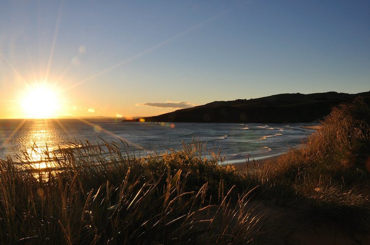 Un cálido amanecer en la costa de Nueva Zelanda