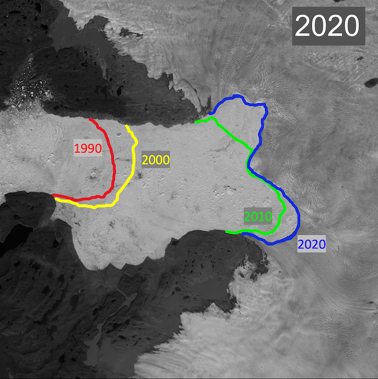 Un mapa que muestra la extensión del retroceso de los glaciares desde 1990.
