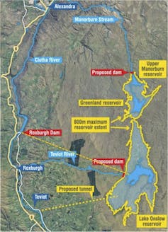 Mapa de los embalses del proyecto hidroeléctrico de bombeo Onslow