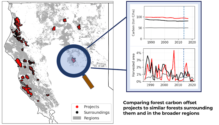 El mapa muestra áreas protegidas y amplía una para mostrar cómo comparamos el carbono y la cosecha para el proyecto y bosques similares.