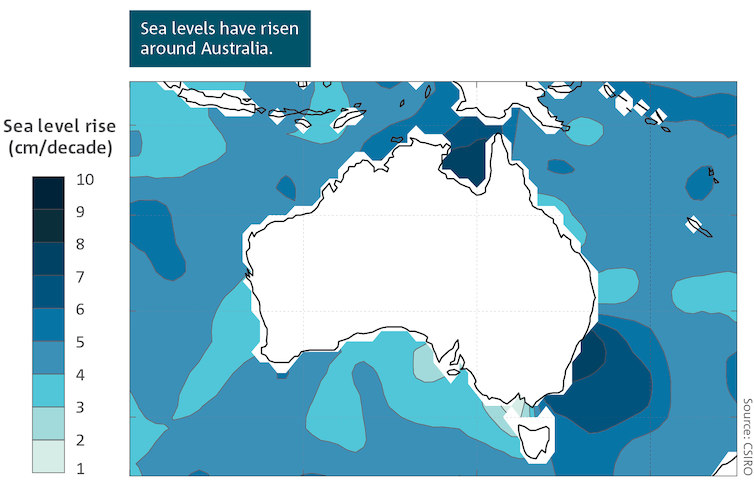 Un mapa de Australia que muestra las áreas donde el nivel del mar está aumentando.