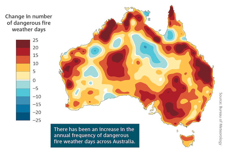 Mapa de Australia que muestra las áreas donde existe el riesgo de que aumenten los días de incendios.