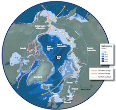 Mapa del Ártico, incluidas las rutas marítimas.