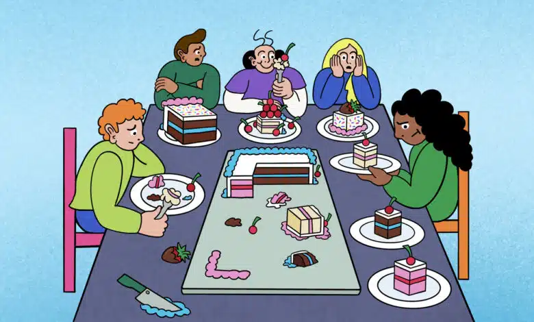 Cartoon illustration shows five people sitting around a table with a cake that has been cut in the middle with a knife and additional plates with cake on them in the foreground. Everyone has different sized cake slices on their plates. Only one person looks happy.