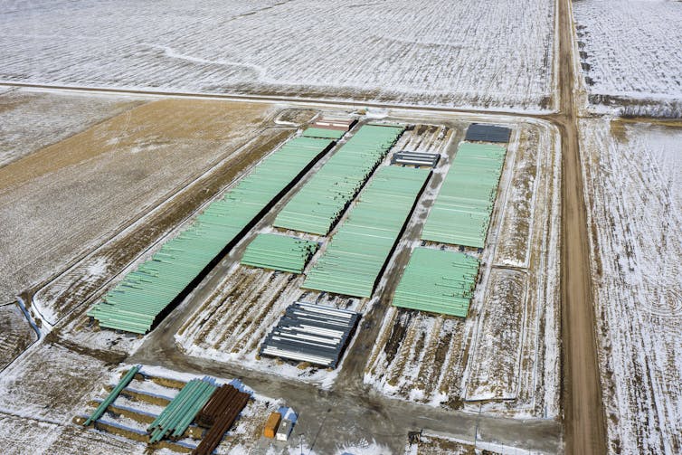 Filas de tuberías yacen en un campo nevado.