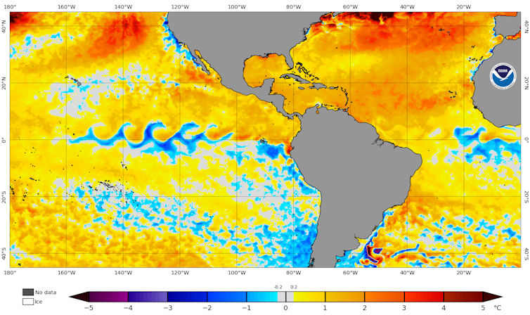 Un mapa que muestra temperaturas superficiales del mar más cálidas de lo normal en el Atlántico y el Golfo de México.